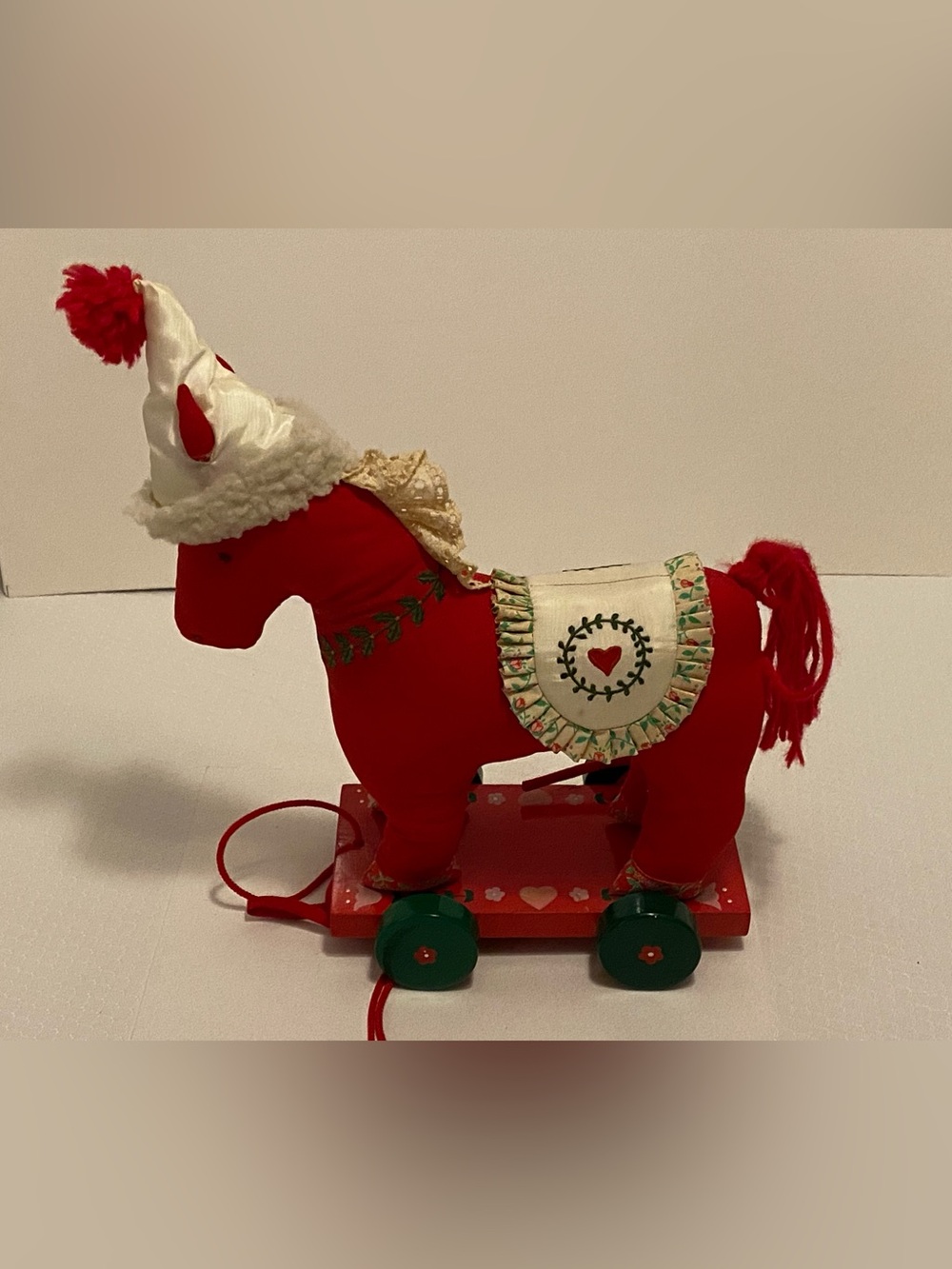 Vintage House of Hatten Red Holiday Pull Toy Horse.